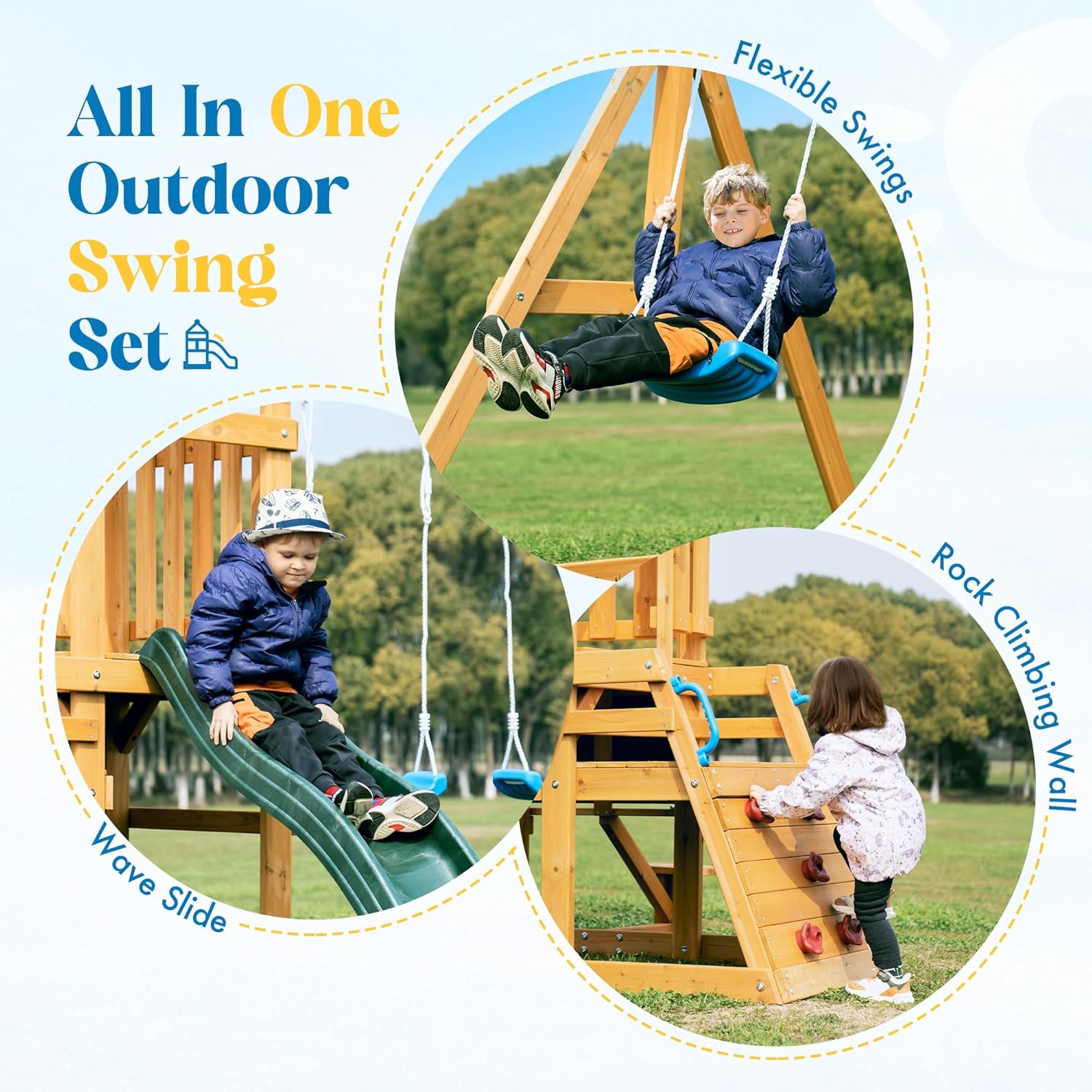 ROBOTIME Wooden Swing Set for Backyard, All-in-One Kids Outdoor Play Equipment with Swings, Slide, Climbing Rope Ladder, Outdoor Swing Playset for Kids Ages 3-10 B0CZJPPVR1 - Image 3