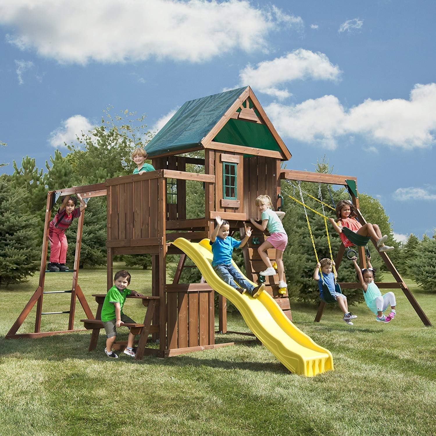 Swing-N-Slide Hemphill Ridge Wooden Swing Set with Vinyl Canopy Roof, Monkey Bars, Plastic Slide, Climbing Wall and Swings, Yellow Slide B0DWZ67PRK - Image 7