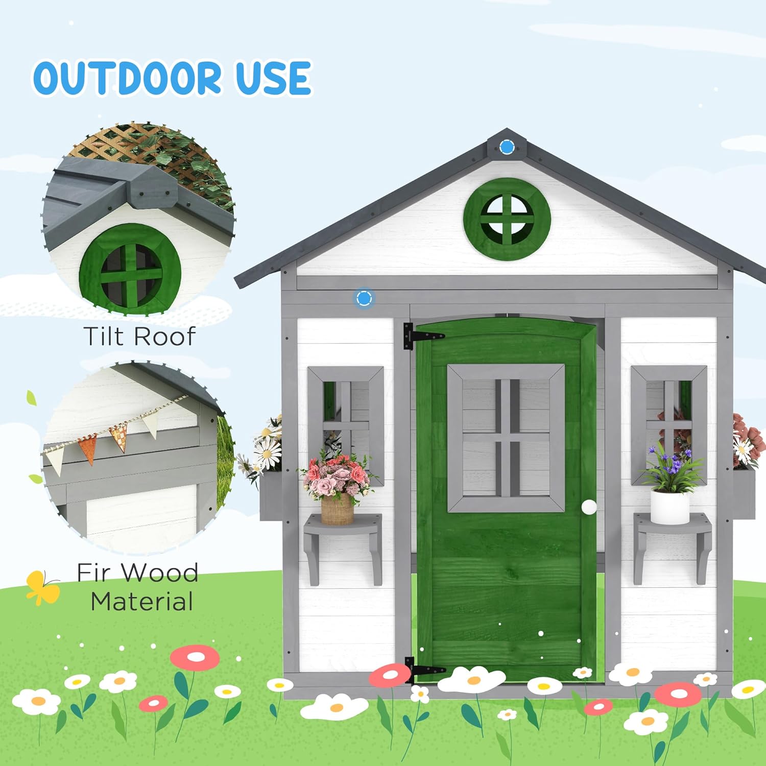 Outsunny Outdoor Kids Playhouse, Wooden Playhouse with Doors, Windows, Planter Pots and Boxes for Toddlers 3-8 Years, Cottage Play House for Backyard, White B0F28SLRM6 - Image 4