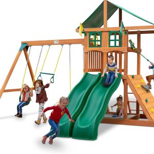 Gorilla Playsets 01-1086 Avalon Treehouse Wooden Swing Set Oversized Green Vinyl Canopy Roof, Two Slides, Climbing Wall, Ladder, and Swings B09QBB8QVT