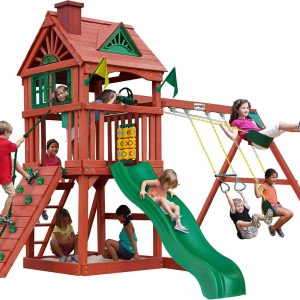 Gorilla Playsets Spring Creek Wooden Swing Set with Wood Roof, Slide, Swings, and Climbing Wall B0F4M8VQHM