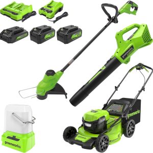 Greenworks 48V (2x24V) Cordless Yard Tool Combo - 21" Self - Propelled Mower, 12" Trimmer, Blower + 24V 500 Lumen Lantern B0F5B3HXD4