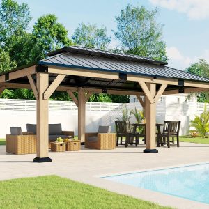 AMERLIFE 12x20 ft Hardtop Gazebo, Spruce Wood Gazebo with Iron Double Roof, Outdoor Pergola with Wood Frame for Garden, Porch, Patio, Charcoal Gray + Brown Gray B0DZNLKGYT