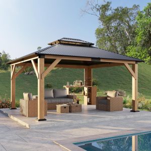 81oVPiwRm1L._AC_SL1500_.jpg 13x15 Wood Gazebo, Hardtop Outdoor Gazebo with Aluminum Double Roof, Outdoor Wooden Pavilion for Parties, Backyard, Patio, Lawns, Black + Natural Wood B0DZPCMVGF