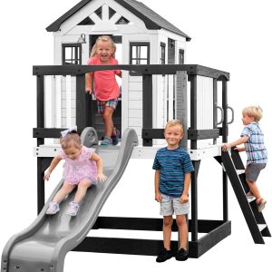 Backyard Discovery Sweetwater Heights White Elevated Cedar Wooden Kids Playhouse with Wave Slide, Play Kitchen, Step Ladder, Half Door, Wrap-Around Deck, Windows, Bell, Growth Chart for Outdoor Play B0C9JY7FV1