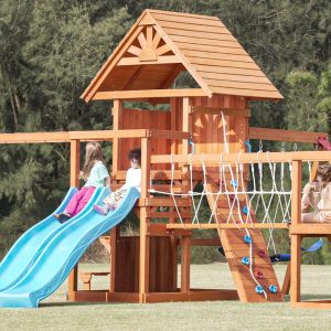 Dolphin Playground Wooden Swing Sets, Monkey bar, Plank Bridge with Rope Mesh, 2 Wave Slides, Large Climbing Wall, Outdoor Table, Saucer Swing, Playground Sets for Backyards, Outdoor Playset B0DSKDTKG8