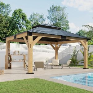 AMERLIFE 13x15 Hardtop Gazebo, Spruce Wood Gazebo with Storage Bar Counter, Outdoor Pavilion with Double Iron Roof, for Patio, Lawns, Garage, Black + Natural Wood B0DWSPHLY6