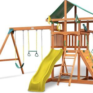 Gorilla Playsets 01-1064-Y Outing Wood Swing Set with Green Vinyl Canopy and Trapeze Arm - Yellow Slide B082BW7M1N