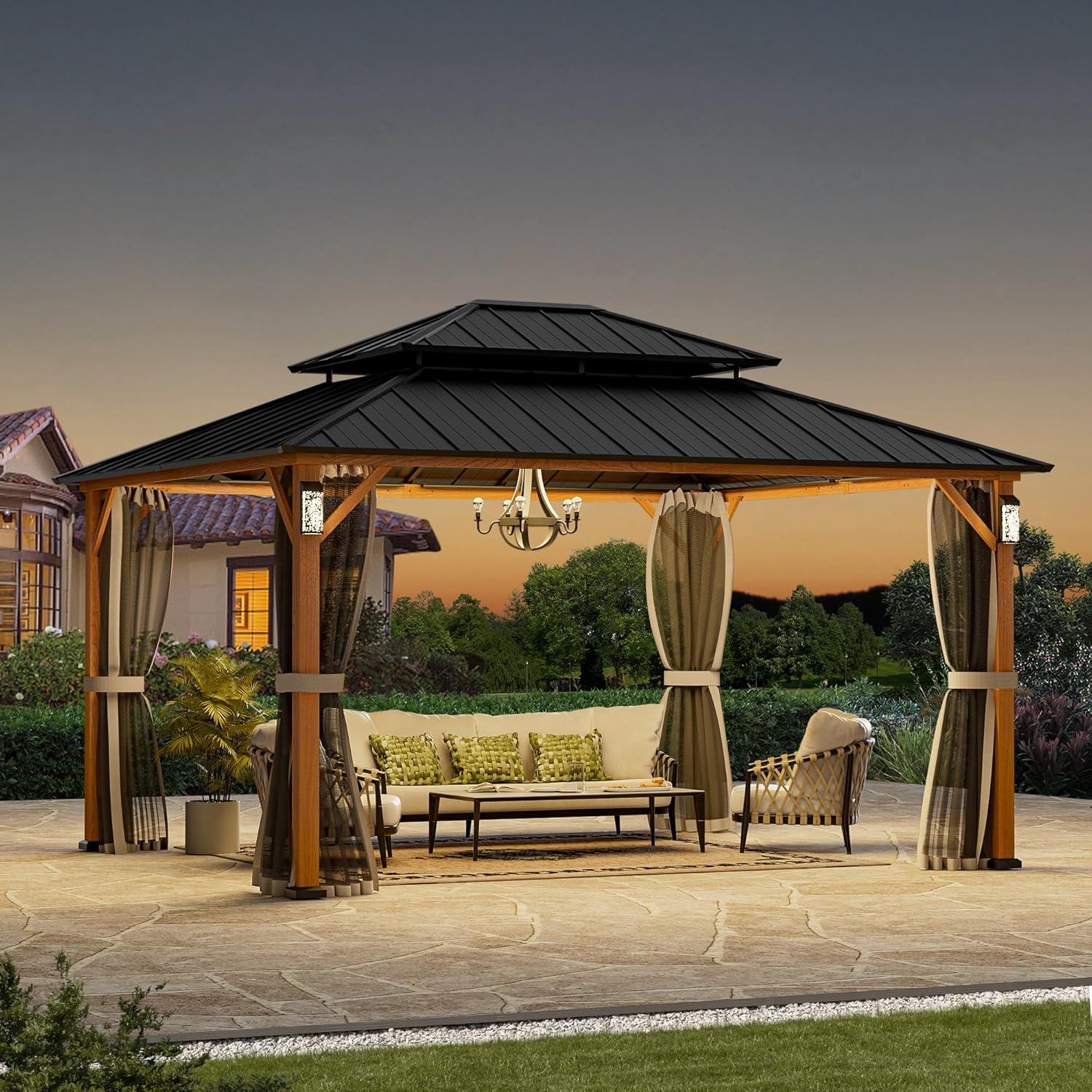 Modern Shade The Horizon Permanent Hardtop Gazebo 12' x 14' w/ 4 LED Lights, Outdoor Gazebo w/Galvanized Steel Double Roof, Patio Pavilion w/Decor Hooks, Mosquito Nettings, Wood-Looking B0DQCYV9L7