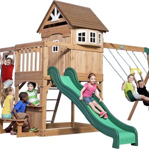 Montpelier Cedar Wood Swing Set with Wave Slide,Clubhouse, Monkey Bars, Picnic Area, Snack Bar, Belt Swings, Trapeze, Balcony, Playhouse, Working Door, Ladder, Outdoor Playset B006B94V2W