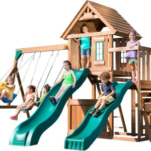 Swing-N-Slide Lookout Mountain Wooden Swing Set with Two Slides, Climbing Wall, Swings, Glider & Picnic Table, Wood B0DJHHJ3LJ