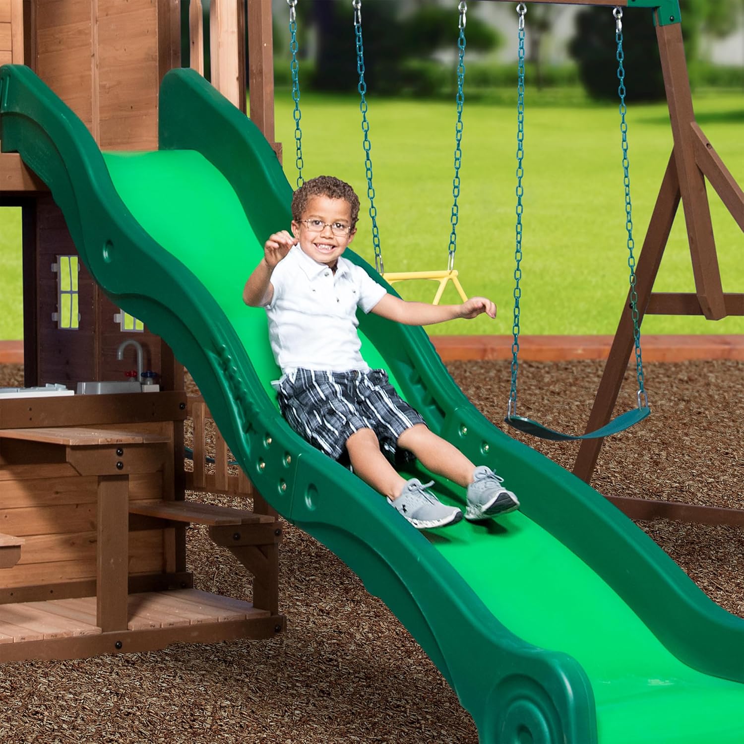 Mount Triumph Cedar Wood Swing Set with Wave Slide, Clubhouse, Rock Wall, Play Kitchen, Picnic Area, Belt Swings, Trapeze, Balconies, Playhouse, Ladder, Accessories, Outdoor Playset B071JS5LR7 - Image 8