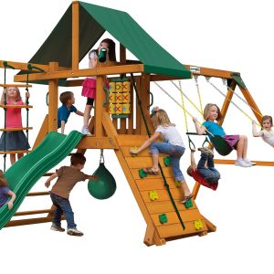Gorilla Playsets 01-1033 Ozark II Wood Swing Set with Green Vinyl Canopy, Rock Wall, and Punching Ball B08S24DJMS