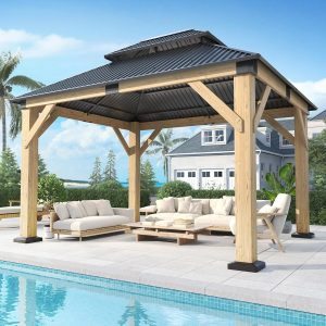 10’x 12’ Outdoor Wood Gazebo - Patio Hardtop Gazebo Permanent Wooden Pavilion with Galvanized Steel Double Roof, Cedar Wooden Gazebos for Garden, Lawn, Poolside, Backyard Deck B0DYD8HWWK