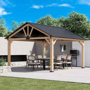 COOS BAY 13x15 Hardtop Gazebo with Cedar Wood Frame, Galvanized Steel Gable Roof Outdoor Pavilion for Garden, Lawn, Poolside, Patio, Deck, Natural Wood/Black B0DQTY8J2B