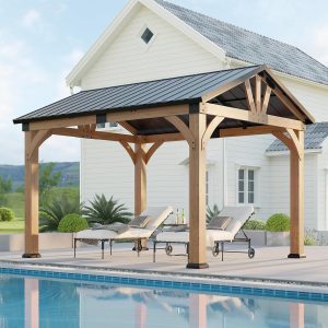 10x12 ft Cedar Wood Gazebo, Hardtop Gazebo with Galvanized Steel Peak Roof, Outdoor Pavilion for Snow Support, Wind Resistance, PowerPort, Shade for Garden, Patio, Deck B0F148BZPG