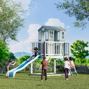 Cedar Wooden Playhouse for Kids, Outdoor Playhouse with Growth Chart,Interactive Play Kitchen,Wave Slide,Installation Manual and Videos Included,Play Houses for Toddlers 3-12 (Blue Grey) B0F32GKR2G