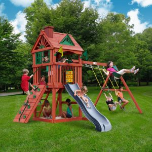 Gorilla Playsets 01-0021-GREY Nantucket II Wood Swing Set with Wood Roof, Two Swings, Grey Slide, Sandbox Area, Rock Wall, Redwood Color B0CX6HGQCJ
