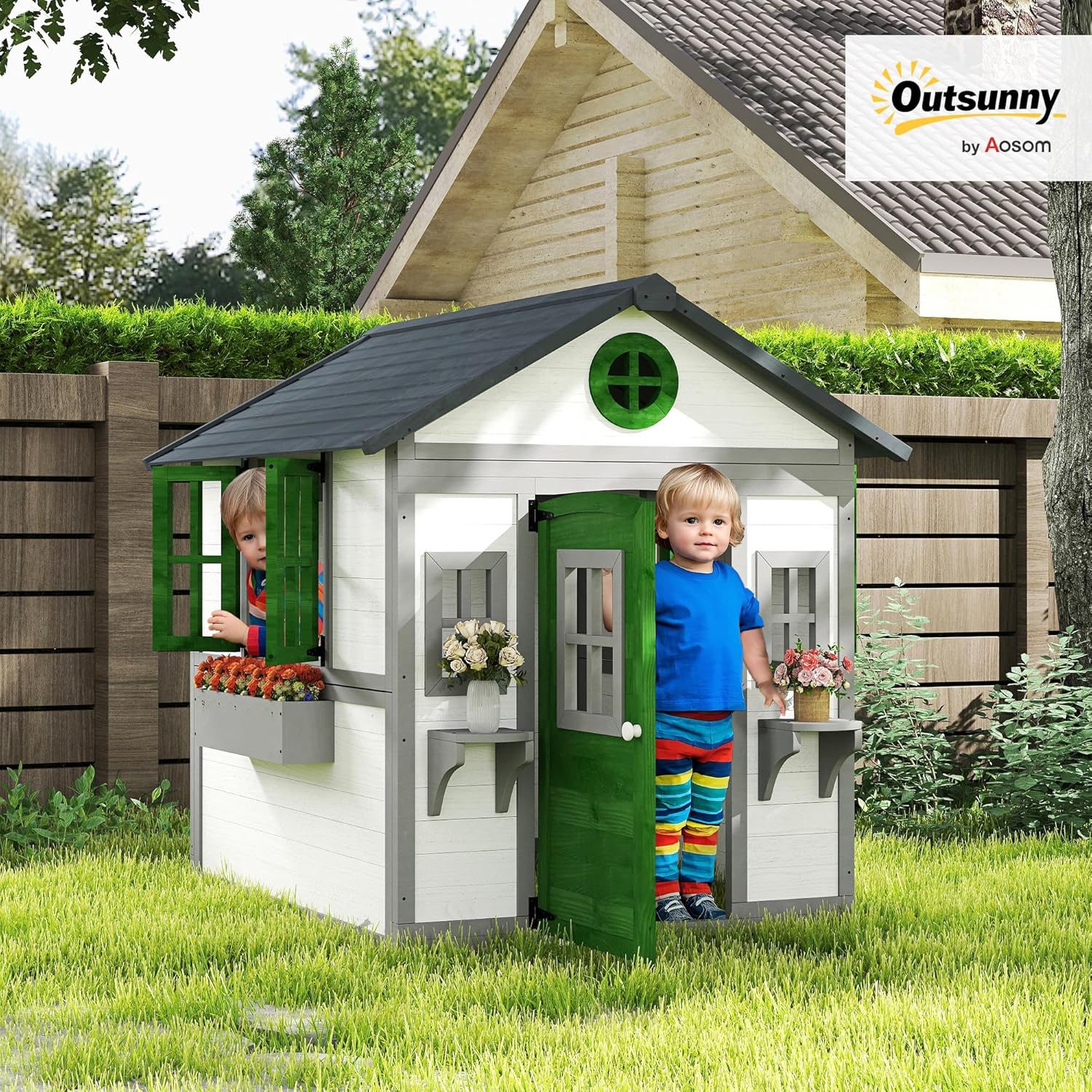 Outsunny Outdoor Kids Playhouse, Wooden Playhouse with Doors, Windows, Planter Pots and Boxes for Toddlers 3-8 Years, Cottage Play House for Backyard, White B0F28SLRM6 - Image 2