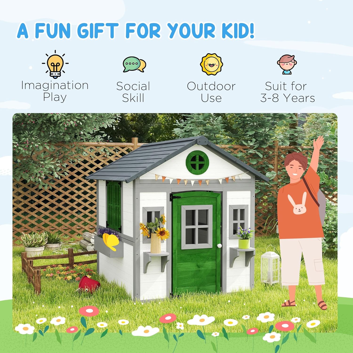 Outsunny Outdoor Kids Playhouse, Wooden Playhouse with Doors, Windows, Planter Pots and Boxes for Toddlers 3-8 Years, Cottage Play House for Backyard, White B0F28SLRM6 - Image 5