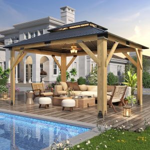 11’x13’ Outdoor Wooden Gazebo - Patio Galvanized Steel Gazebo with Double Vented Roof, Heavy-Duty Cedar Wooden Gazebos for Garden, Lawn, Poolside, Backyard Deck B0DF2KQBPR
