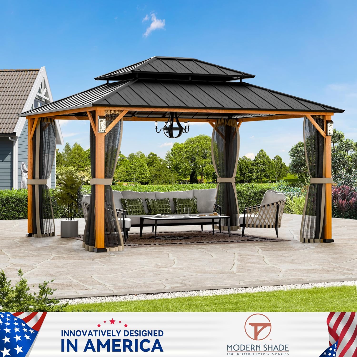 Modern Shade The Horizon Permanent Hardtop Gazebo 12' x 14' w/ 4 LED Lights, Outdoor Gazebo w/Galvanized Steel Double Roof, Patio Pavilion w/Decor Hooks, Mosquito Nettings, Wood-Looking B0DQCYV9L7 - Image 3