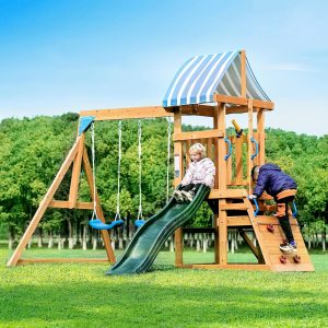 ROBUD Swing Sets for Backyard, Wooden Swing Set, All-in-One Kids Outdoor Play Equipment with Two Swings, Slide, Rock Climbing Wall, Blackboard, Telescope, Fort, Outdoor Playset for Kids & Toddlers B0DSFSMCMR