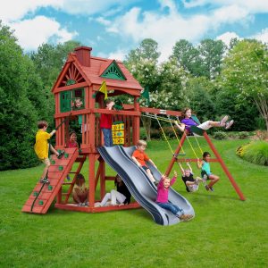 Gorilla Playsets 01-0036-GREY Double Down II Wood Swing Set with Wood Roof, Two Slides, Two Swings, Sandbox Area, Rock Wall, Redwood Color B0CX6JCVPX