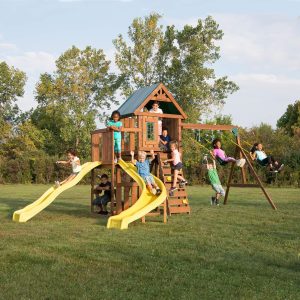 Swing-N-Slide WS 8355 Castlebrook Swing Set with Two Slides, Swings & Climbing Wall, Wood B07H86BNS2