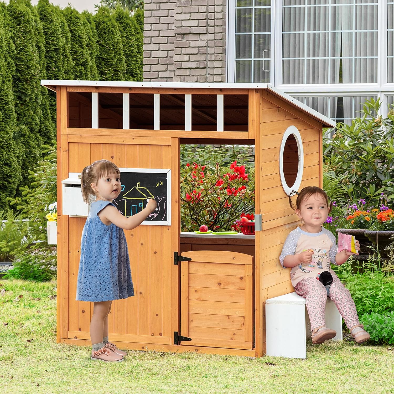 Outsunny Wooden Playhouse for Kids Outdoor with Working Door, Windows, Mailbox, Bench, Flowers Pot Holder, 48" x 42.5" x 53" B09QS3VVGS - Image 2