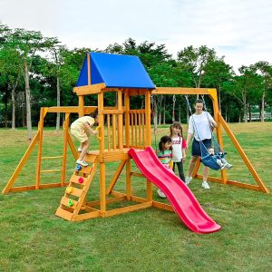 Wooden Swing Set, Playground Sets for Backyards with Monkey Bars, Wave Slide, Play Deck, Rock Wall Ladder, Belt Swings, Rock Wall Ladder, Canopy Roof, Outdoor Playset B0F8BGGTM1