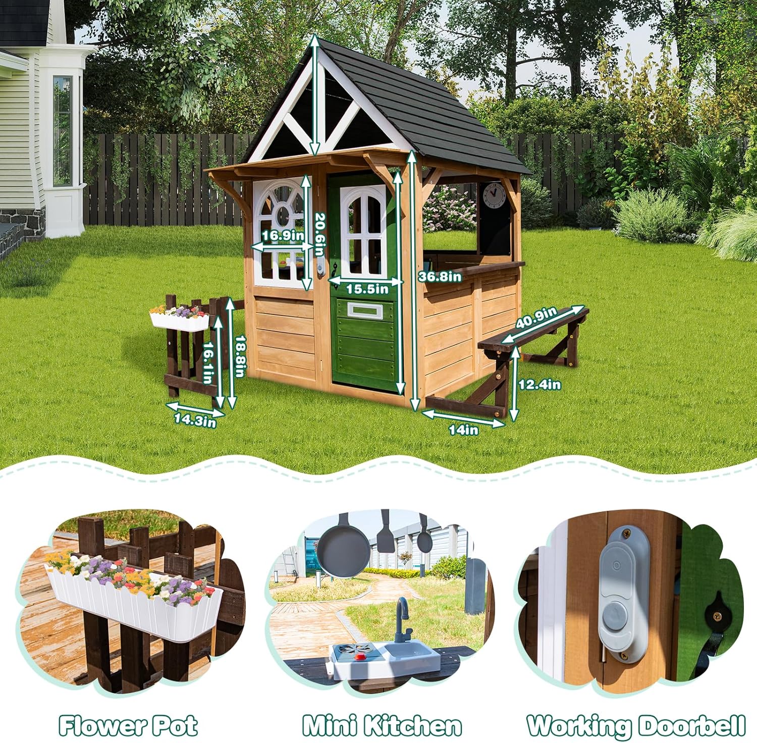 Kids Playhouse – Outdoor & Indoor Playset, Modern Gray Cedar Wooden Playhouse for Kids Ages 4-8 with Functional Kitchen Set (Includes Stove, Sink) Interactive Doorbell (Brown+Green) B0F73ZV3JK - Image 3