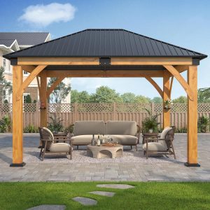 11’x 13’ Outdoor Spruce Wood Gazebo - Patio Hardtop Gazebo Permanent Wooden Pavilion with 2 Shelves, Galvanized Steel Roof Wooden Gazebos for Garden, Porch, Lawn, Poolside, Backyard B0DYDR6VR6