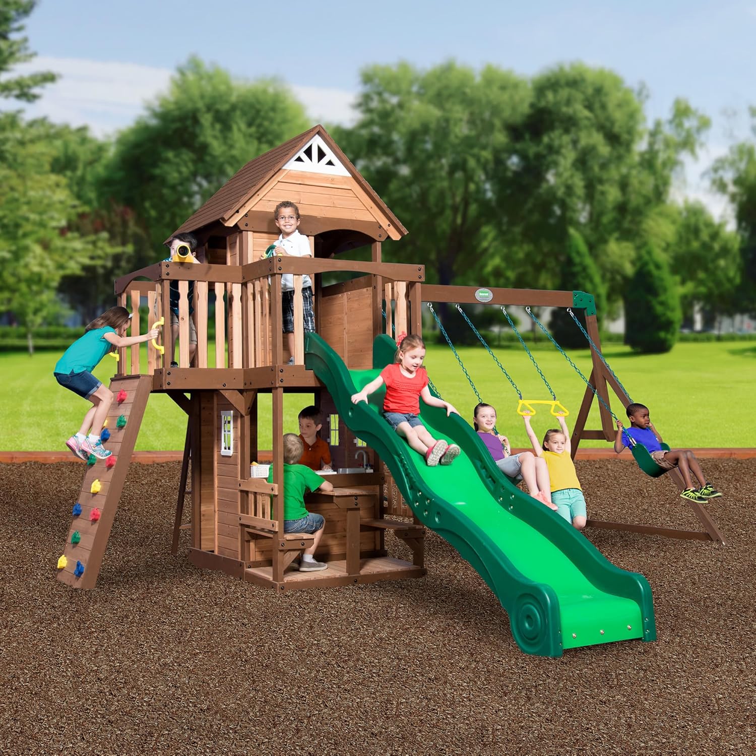 Mount Triumph Cedar Wood Swing Set with Wave Slide, Clubhouse, Rock Wall, Play Kitchen, Picnic Area, Belt Swings, Trapeze, Balconies, Playhouse, Ladder, Accessories, Outdoor Playset B071JS5LR7 - Image 3