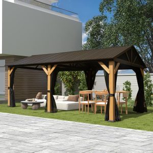 Domi 12x20FT Cedar Wood Hardtop Gazebo with Curtains and Netting, Galvanized Steel Gable Roof, Hooks, Heavy Duty Outdoor Pavilion All Weather Pergola for Patio, Deck, Backyard B0F2FJJ46R