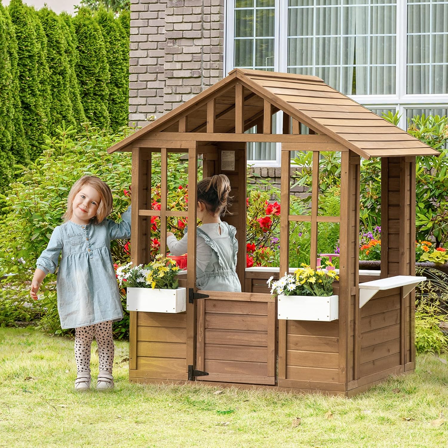 Outsunny Kids Wooden Playhouse, Outdoor Garden Games Cottage, with Working Door, Windows, Flowers Pot Holder, 47" x 38" x 54" B09R3RKLPV - Image 2