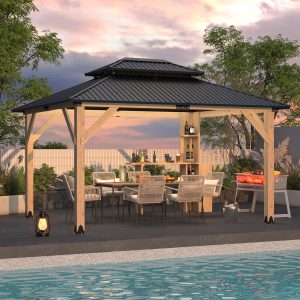 11’x13’ Outdoor Wooden Gazebo - Outdoor Patio Gazebo with Galvanized Steel Double Roof, Cedar Wooden Frame Pavilion with Netting and Curtains, Wine Cabinet Pergolas for Garden, Lawn, Poolside B0DXZSV49V