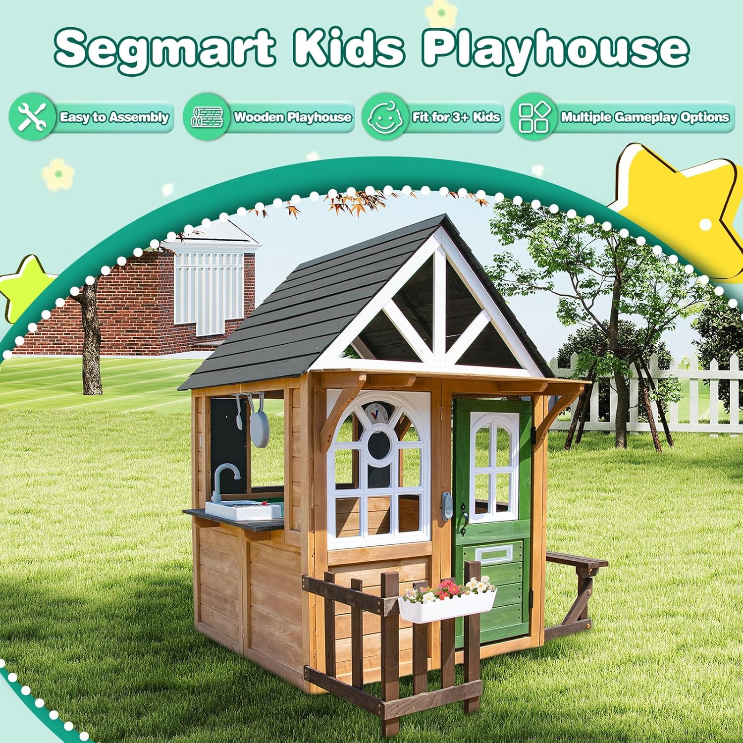 Kids Playhouse – Outdoor & Indoor Playset, Modern Gray Cedar Wooden Playhouse for Kids Ages 4-8 with Functional Kitchen Set (Includes Stove, Sink) Interactive Doorbell (Brown+Green) B0F73ZV3JK - Image 2