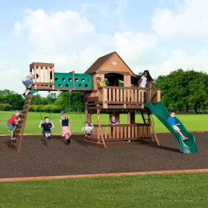 Woodridge Elite Cedar Wood Swing Set with Wave Slide, Clubhouse, Crawl Tunnel, Crow's Nest, Belt Swings, Trapeze, Rock Wall Ladder, Sandbox, Wrap-Around Porch, Deck, Outdoor Playset B07CKLMZRB