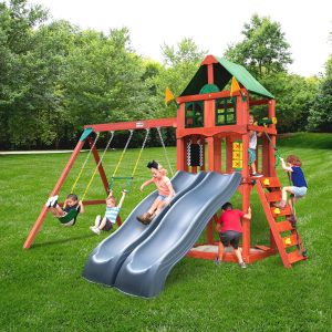 Gorilla Playsets 01-1057-GREY Playmaker Deluxe Wooden Swing Set with Dual Gray Wave Slides, Vinyl Canopy Roof, Swings, and Rock Climbing Wall, Redwood Stained Cedar (Amazon Exclusive) B0CLF53BQY