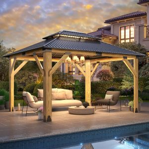 11x13FT Wood Gazebo, Outdoor Wooden Gazebo with Aluminum Double Roof, Hardtop Gazebos for Garden, Patio, Deck, Backyard B0DKF6JGJR