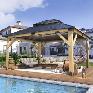 Rsyafung 13'x15' Wood Gazebo,Outdoor Hardtop Gazebo with Galvanized Steel Doule Roof, Wooden Frame Gazebos for Patio Backyard Deck B0DMF185HC