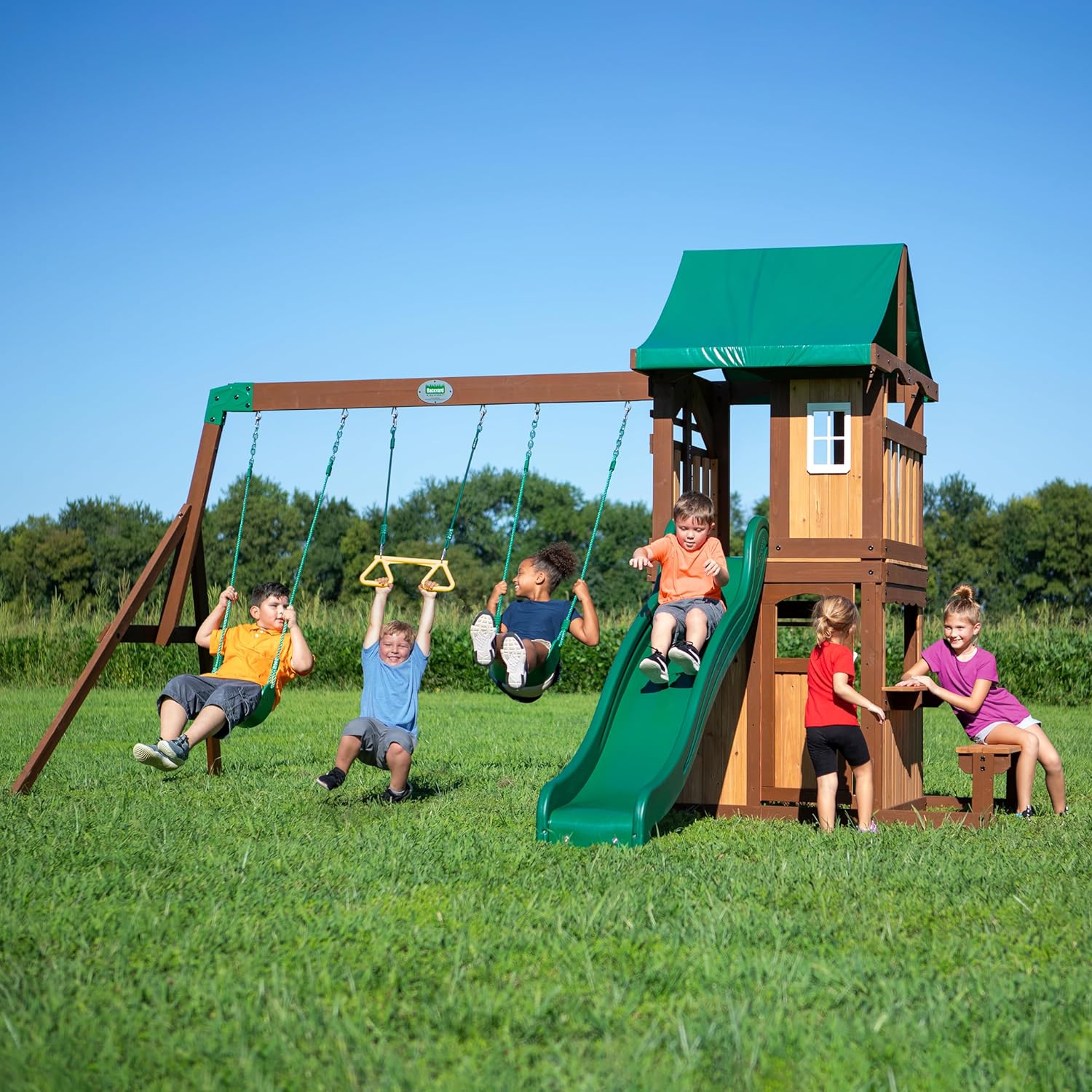 Backyard Discovery Lakewood Cedar Wood Swing Set with Wave Slide, Clubhouse, Playhouse, Snack Bar Window, Picnic Area, Belt Swings, Trapeze, Full Front Door, Windows, Step Ladder, Outdoor Playset B081789ZLP - Image 2