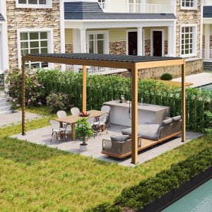 Domi 10' x 13' Louvered Pergola, Outdoor Aluminum Pergola with Adjustable Galvanized Steel Roof & Efficient Drainage System, Rainproof Pergola for Patio, Garden, and Backyard, Wood-Grain B0DYJGBQ89