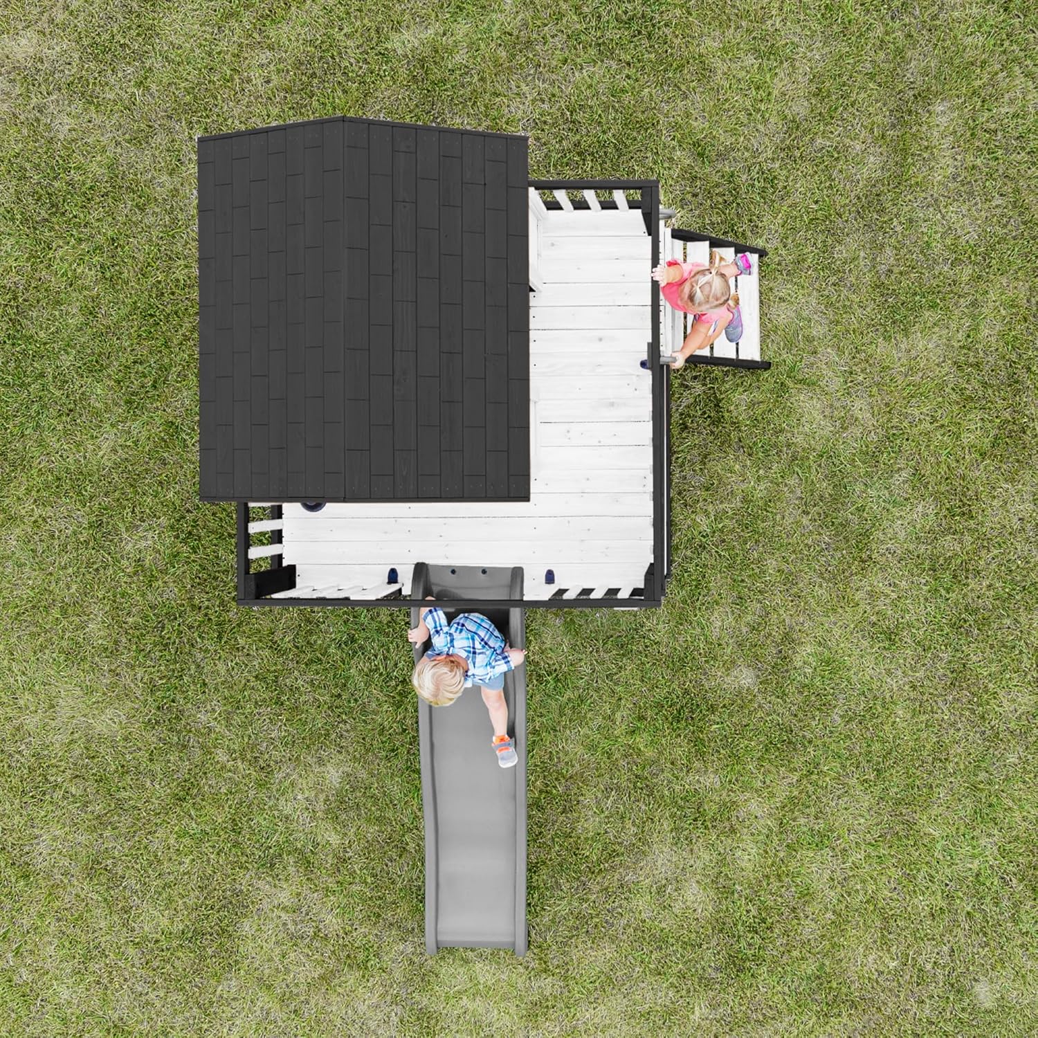 Backyard Discovery Sweetwater Heights White Elevated Cedar Wooden Kids Playhouse with Wave Slide, Play Kitchen, Step Ladder, Half Door, Wrap-Around Deck, Windows, Bell, Growth Chart for Outdoor Play B0C9JY7FV1 - Image 5