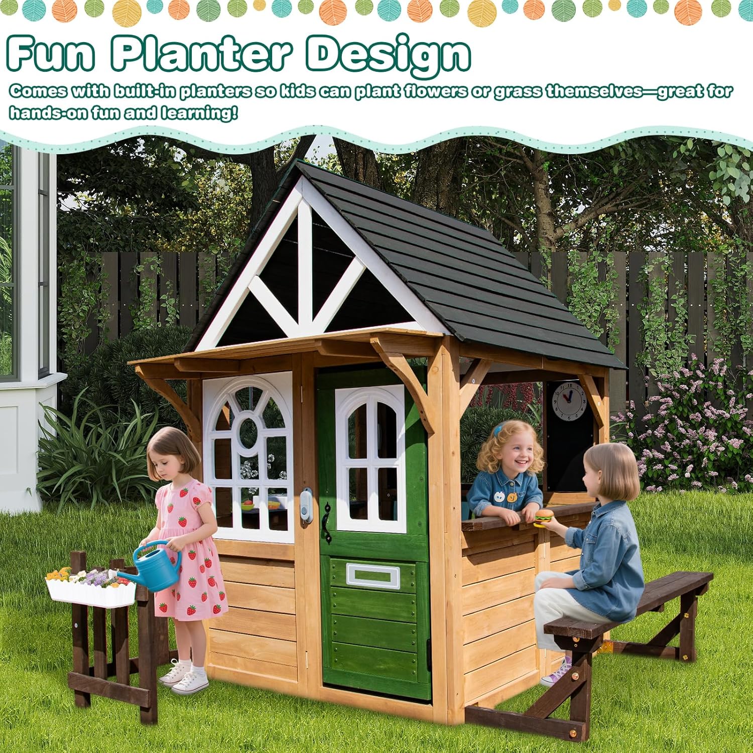 Kids Playhouse – Outdoor & Indoor Playset, Modern Gray Cedar Wooden Playhouse for Kids Ages 4-8 with Functional Kitchen Set (Includes Stove, Sink) Interactive Doorbell (Brown+Green) B0F73ZV3JK - Image 5