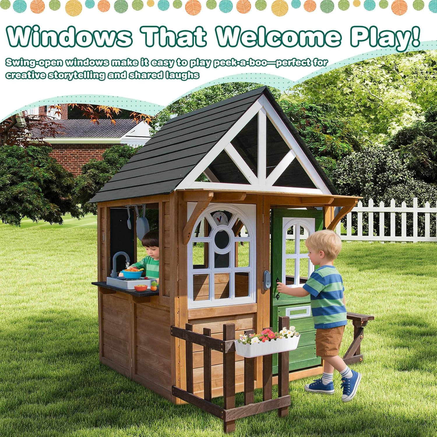 Kids Playhouse – Outdoor & Indoor Playset, Modern Gray Cedar Wooden Playhouse for Kids Ages 4-8 with Functional Kitchen Set (Includes Stove, Sink) Interactive Doorbell (Brown+Green) B0F73ZV3JK - Image 7