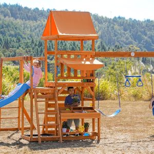 Dolphin Playground Wooden Monkey Bar Sets for Backyard, Swing Sets for Backyard with Outdoor Table, 8FT Wave Slide, and 2 Belt Swings, Multi-Functional Storage Shelf, Outdoor Playset for Kids 3-10 B0BWDTQ6MJ