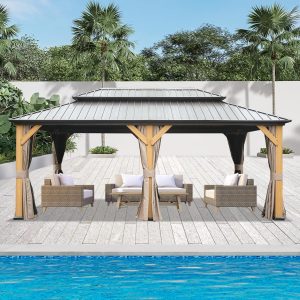 Domi 12' X 20' Wood Gazebo, Cedar Frame Hardtop Gazebo with Galvanized Steel Double Roof, Netting & Curtains, Patio Pergola Pavilion for Patio, Backyard, Deck, Lawns B0C3V7R119