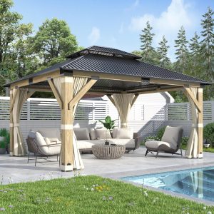 COVERONICS 13FT x 15FT Outdoor Cedar Wooden Gazebo - Patio Wood Frame Gazebo with Galvanized Steel Hardtop, Heavy-Duty Hardtop Gazebos with Netting & Curtains for Garden, Poolside, Deck, Backyard B0CW62HJPC